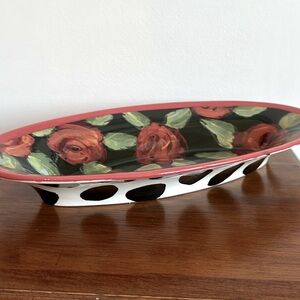 Droll Designs Oval Serving Dish Roses Polka Dots Handpainted Vintage